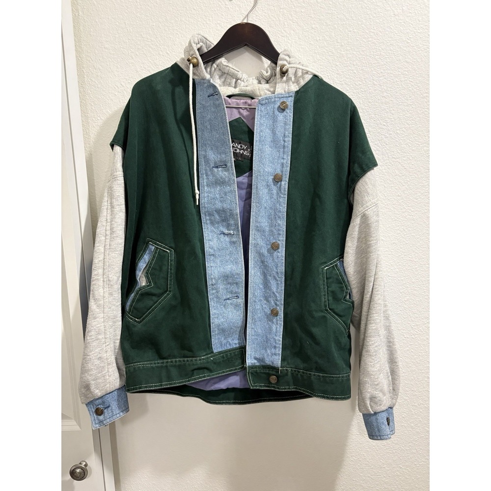 Vintage 90s Andy John's Denim Khaki Grn Bomber Varsity Jacket Size Large Grunge